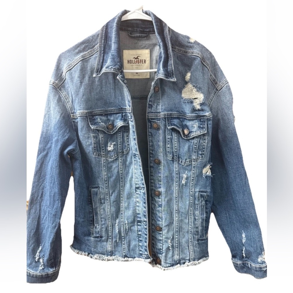 Hollister Distressed Ripped Denim Jean Jacket Women’s Frayed Hem Med Y2K cotton